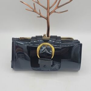 Black PVC Wristlet Clutch Wallet w/ Kiss Lock & Zip Pockets Handmade Vintage